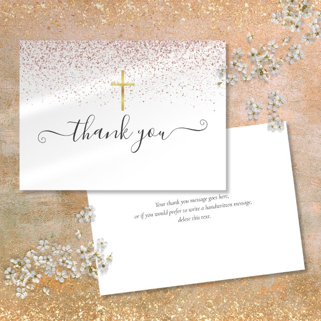 Carte De Remerciements Rose Gold Parties scintillant Gold Crucifix Script (Rose Gold Glitter Gold Crucifix Script Thank You Card)