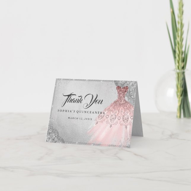 Carte De Remerciements Rose Gold Silver Diamond Sparkle Gown Quinceanera (Devant)