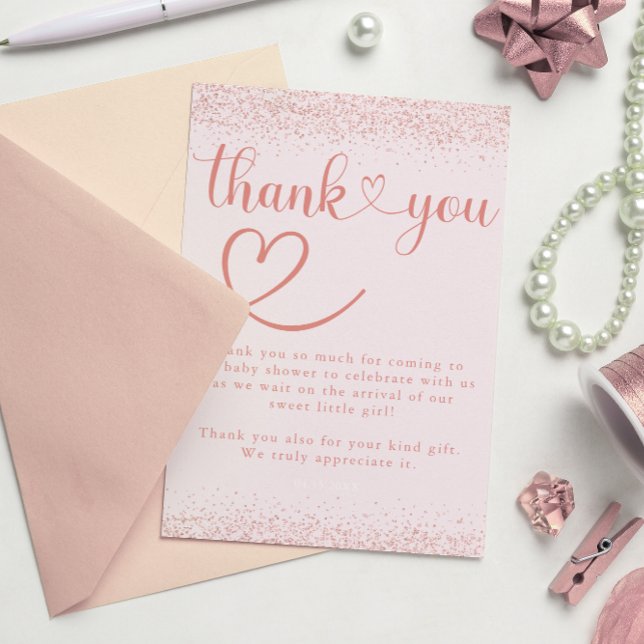 Carte De Remerciements Rose Gold Thank You Confetti Heart Script (Créateur téléchargé)