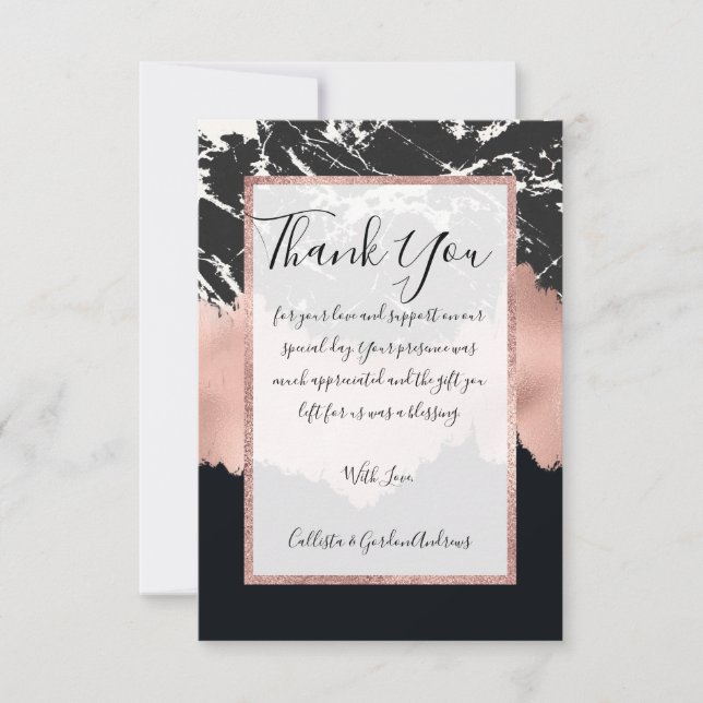 Carte De Remerciements Rose moderne Gold Noir Marbre Blanc Brosse (Devant)