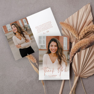 Carte De Remerciements Rose moderne Gold Script 2 Photo Graduation