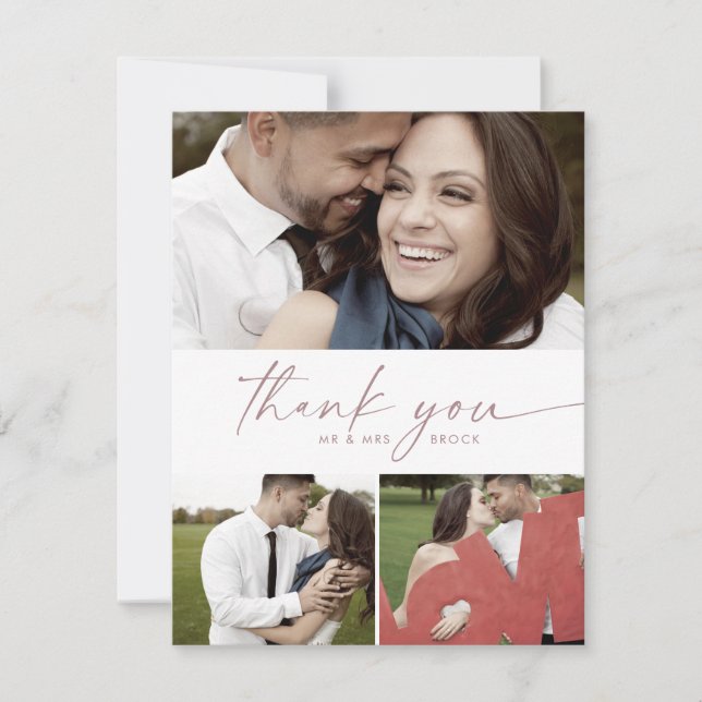Carte De Remerciements Rose moderne Gold Script 3 Photo Collage Mariage (Devant)