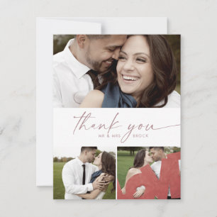 Carte De Remerciements Rose moderne Gold Script 3 Photo Collage Mariage