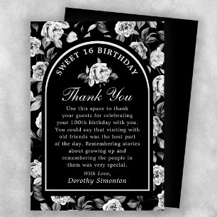 Carte De Remerciements Rose noir blanc Arc Floral Sweet 16