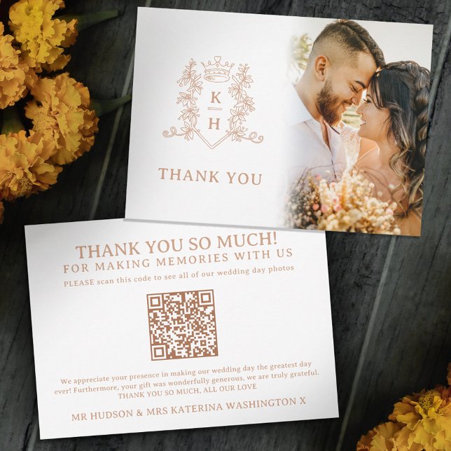 Carte De Remerciements Rose or couronne monogramme mariage photo QR Code (Créateur téléchargé)