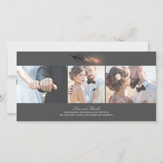 Carte De Remerciements Rose Or Plumes trempées Mariage élégant (Devant)