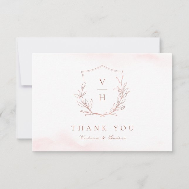 Carte De Remerciements Rose or simple crête botanique monogramme mariage (Devant)
