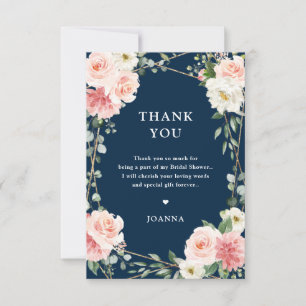 Carte De Remerciements Rose Pâle Floral Bleu Marine Géométrique Botanique