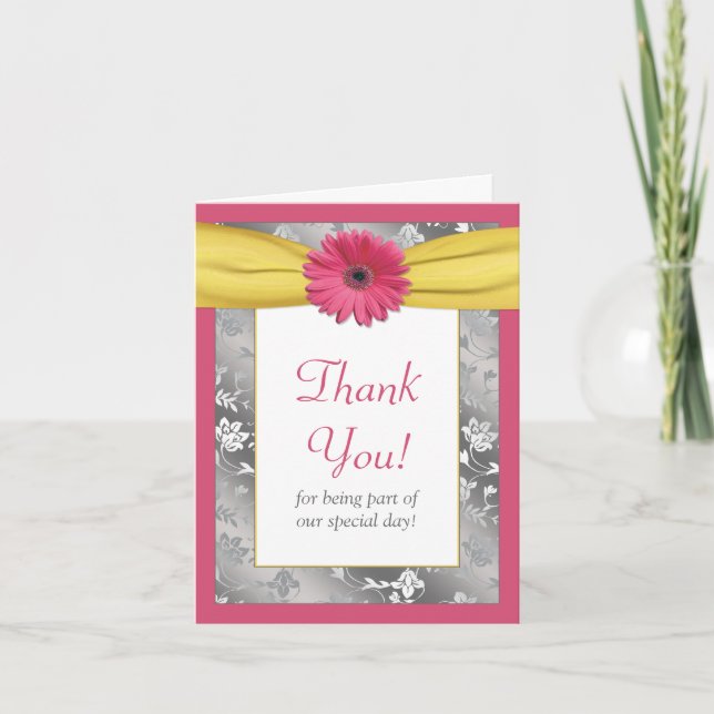 Carte De Remerciements Rose Pâle Gris Jaune Damassé Mariage Remerciements (Devant)