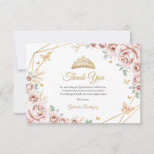 Carte De Remerciements Rose Pâle Or Fleurs Quinceanera