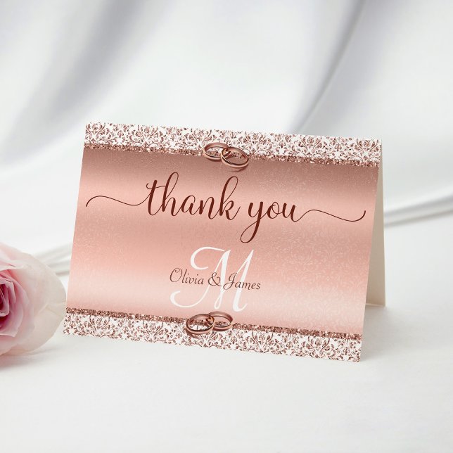 Carte De Remerciements Rose Parties scintillant or Damask Mariage métalli (Créateur téléchargé)