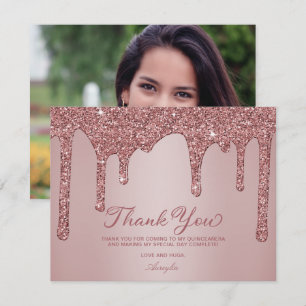 Carte De Remerciements Rose Parties scintillant or  gouttes Quinceanera