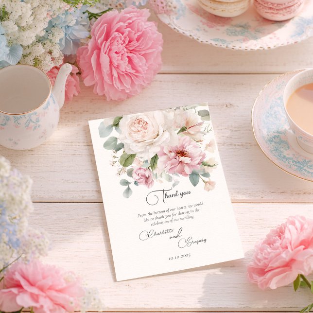 Carte De Remerciements Rose romantique à fleurs aquarelle mariage (Créateur téléchargé)