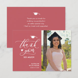 Carte De Remerciements Rose rose Élégant Script Photo Simple Graduation