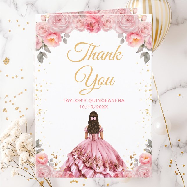 Carte De Remerciements Rose Rose princesse Floral Quinceañera (Créateur téléchargé)