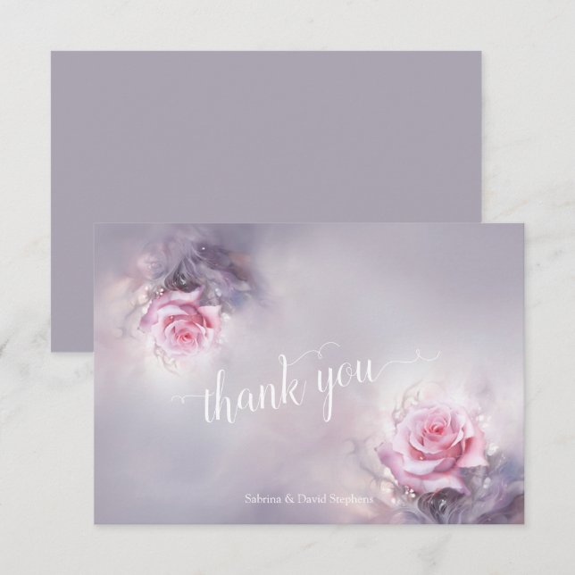 Carte De Remerciements Rose rose rose sur Dusty Lilac (Devant / Derrière)