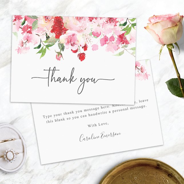 Carte De Remerciements Rose rouge  (Red and Pink Roses Thank You Card for Bridal Shower or Weddings by Painted Paperie
)