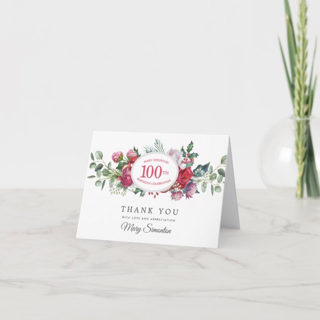 Carte De Remerciements Rose rouge Botanique d'hiver 100e anniversaire Mer (Devant)