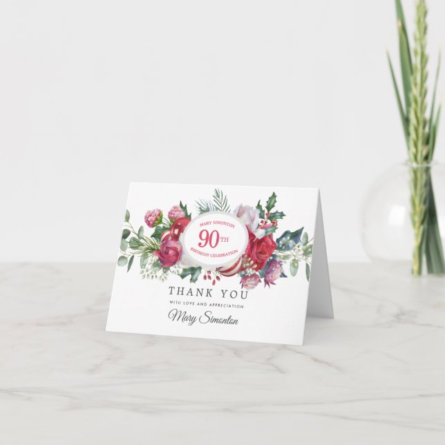 Carte De Remerciements Rose rouge Botanique d'hiver 90e anniversaire Merc (Devant)