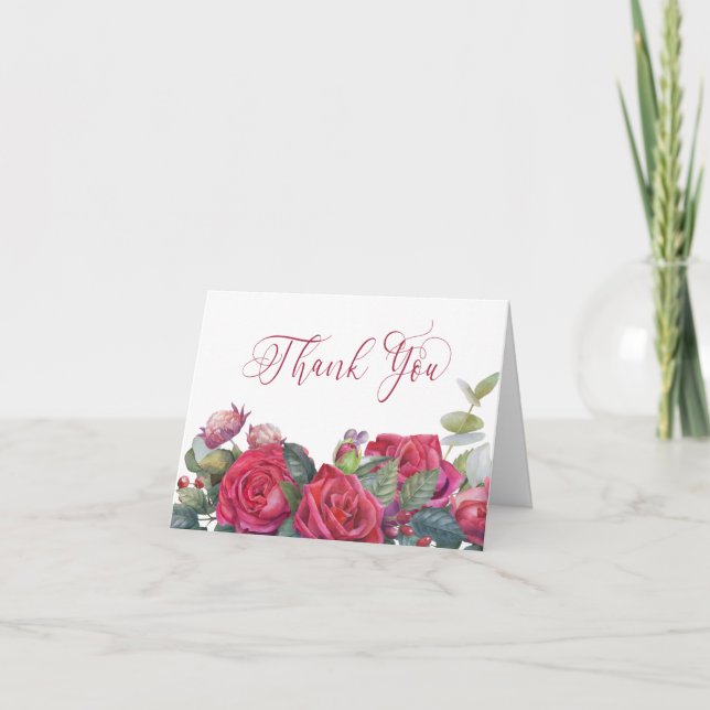 Carte De Remerciements Rose rouge et Eucalyptus Élégante calligraphie (Devant)
