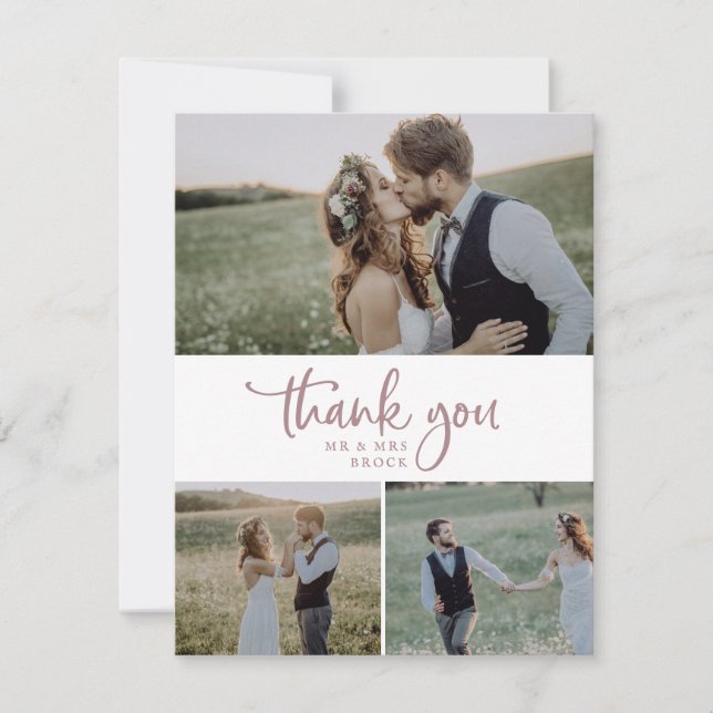 Carte De Remerciements Rose rustique Gold Script 3 Photo Collage Mariage (Devant)