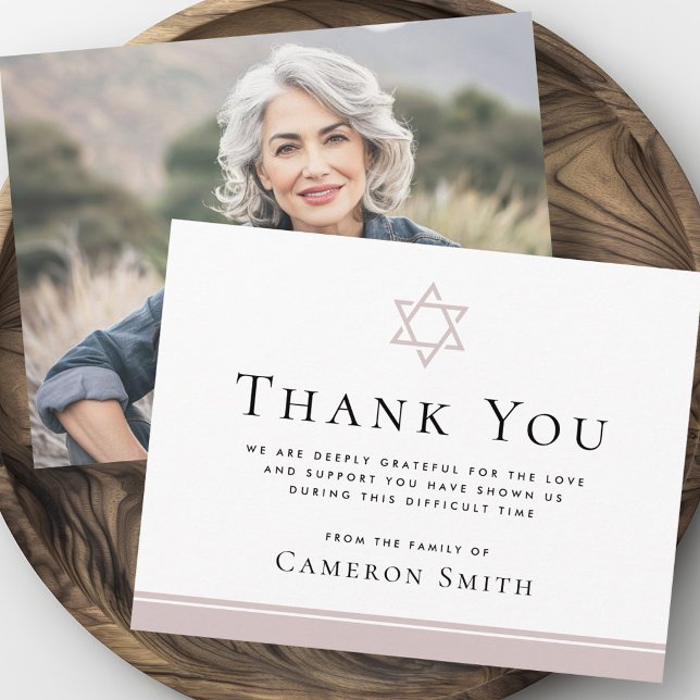 Carte De Remerciements Rose taupe Star de David funérailles photo de symp (Rose taupe Star of David funeral sympathy photo Thank You Card)