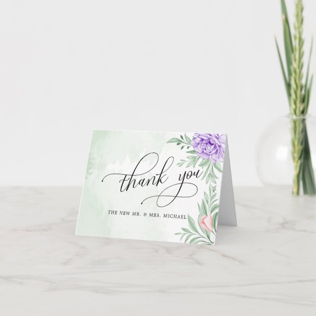 Carte De Remerciements Rose violet  Floral Eucalyptus Boho Mariage (Devant)