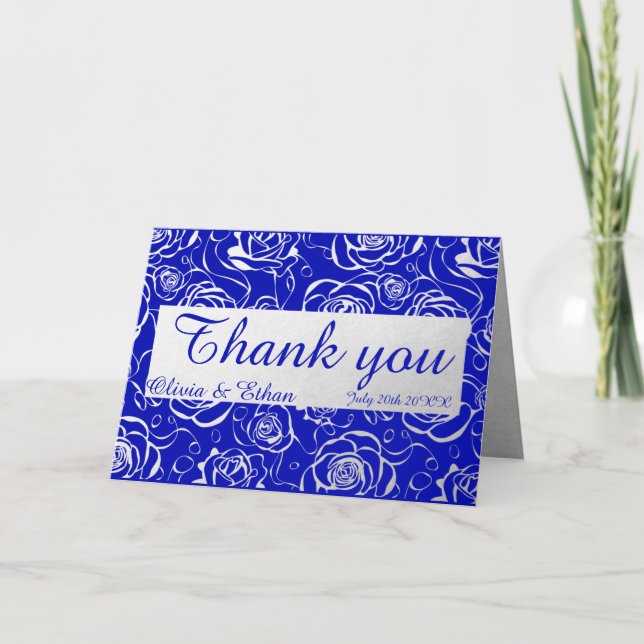 Carte De Remerciements Roses argentés classiques sur Royal Blue (Devant)