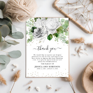 Carte De Remerciements Roses blanches élégantes et feuillage d'eucalyptus