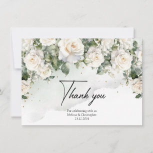 Carte De Remerciements Roses blanches et verdure et or de boho romantique