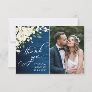 Carte De Remerciements Roses blanches Lanterne en bois bleu Mariage photo
