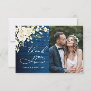 Carte De Remerciements Roses blanches Lanterne en bois bleu Mariage photo