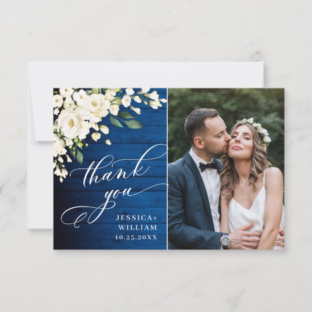 Carte De Remerciements Roses blanches Mariage photo Royal Blue Wood (Devant)
