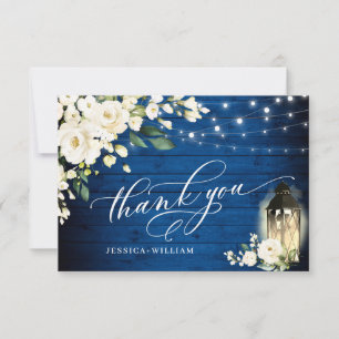 Carte De Remerciements Roses blanches Royal Blue Bois Lanterne Mariage Bo