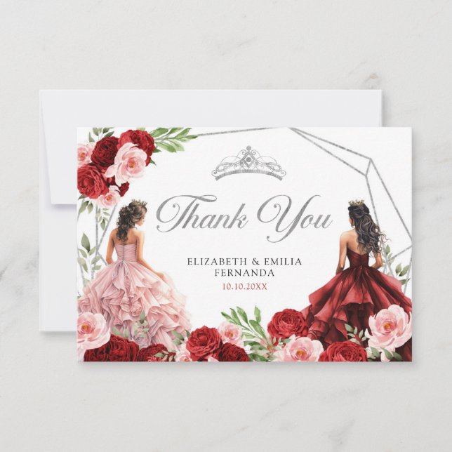 Carte De Remerciements Roses Bourgogne Red Twins Royal Princesses 15 Años (Devant)