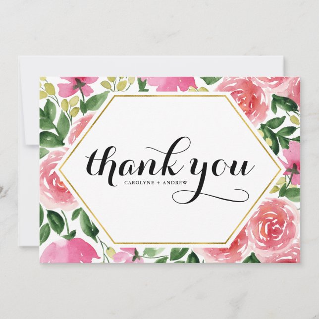 Carte De Remerciements Roses d'aquarelle rose Mariage de cadre de fleurs (Devant)