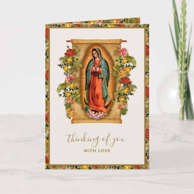 Carte De Remerciements Roses de Guadalupe, Vierge espagnole avec Rosaire (Devant)