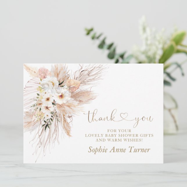 Carte De Remerciements Roses du désert Pampas Baby shower en herbe Callig (Debout devant)