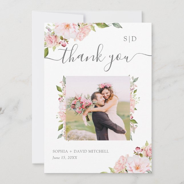 Carte De Remerciements Roses généreux | Photo Mariage rose (Devant)