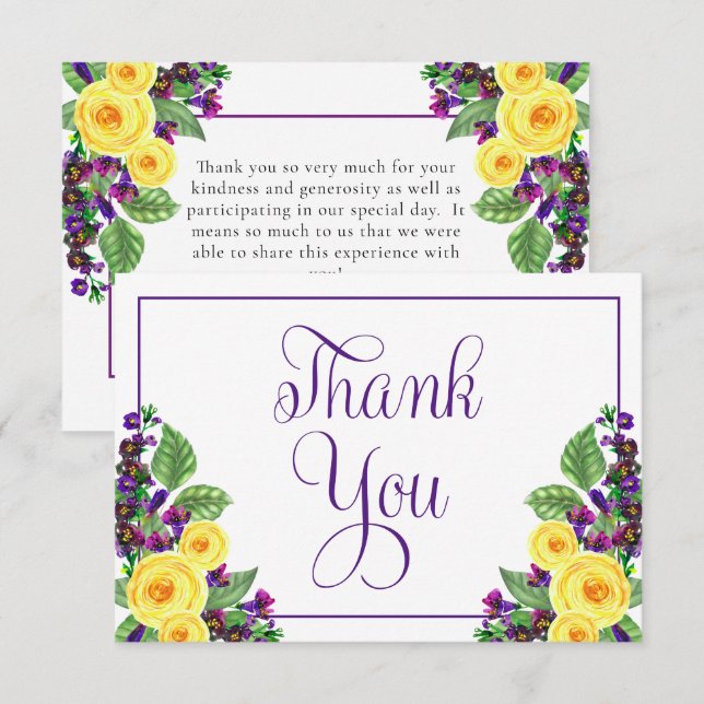 Carte De Remerciements Roses jaunes | Violets Boho Floral Mariage (Devant / Derrière)
