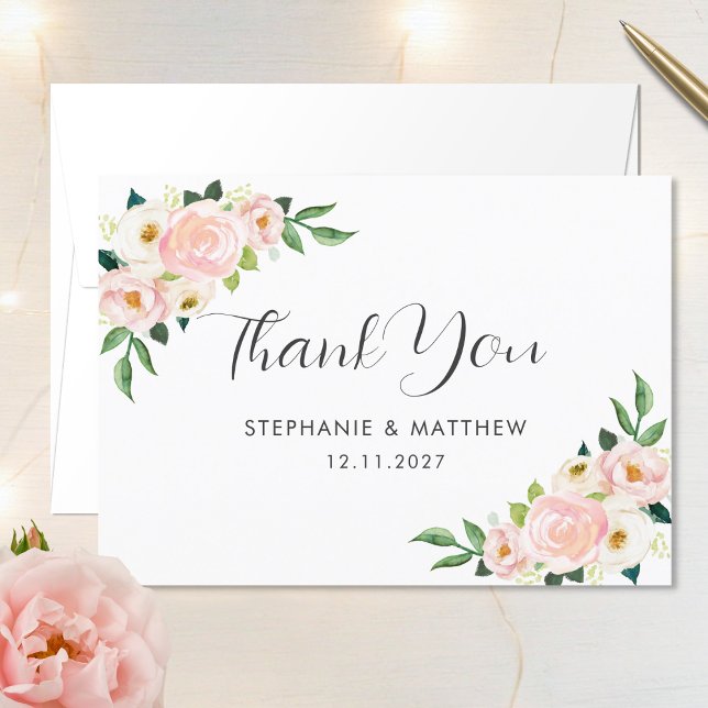 Carte De Remerciements Roses rose pâle Aquarelle Mariage botanique (Créateur téléchargé)