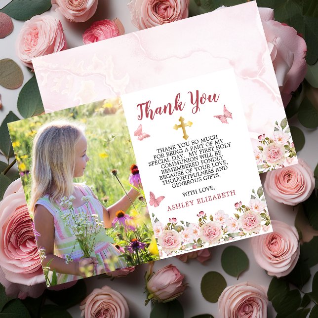 Carte De Remerciements Roses roses roses florales et papillons Première c (Pink Rose Floral with Pink Butterflies and Gold Tone Trinity Cross Photo Thank You Card)