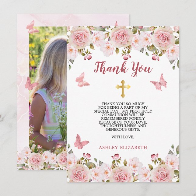 Carte De Remerciements Roses roses roses florales et papillons Première c (Devant / Derrière)