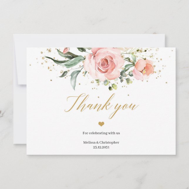 Carte De Remerciements Roses roses rousses rousses mariage d'or eucalyptu (Devant)