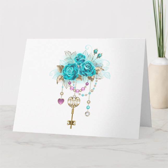 Carte De Remerciements Roses turquoise avec touches (Devant)