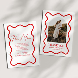 Carte De Remerciements Rouge Blanc Élégant Bordure Ondulée Photo Mariage