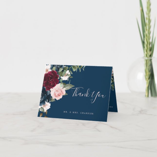Carte De Remerciements Rouge Bourgogne & Bleu Elégant Aquarelle Fleurs (Devant)