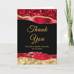 Carte De Remerciements Rouge et or Larmes à Glam Sweet sixteen