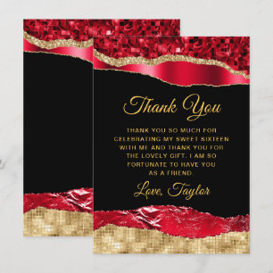 Carte De Remerciements Rouge et or Larmes à Glam Sweet sixteen