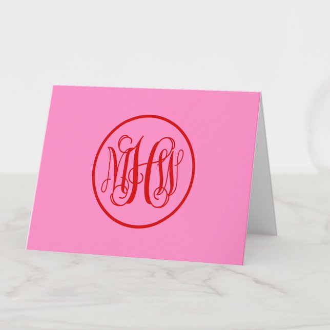 Carte De Remerciements Rouge Hot Pink 3 Initial Vigne Script Monogramme d (Créateur téléchargé)